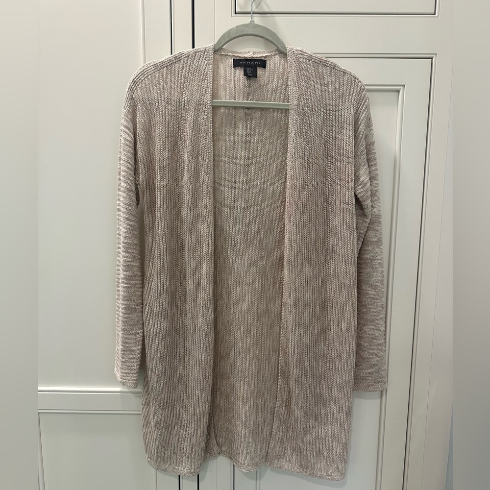 Tahari linen blend open low cardigan size medium color flax